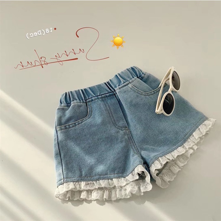 Quần Short Denim Mềm Phối Ren Thiết Kế Thoải Mái Cho Bé