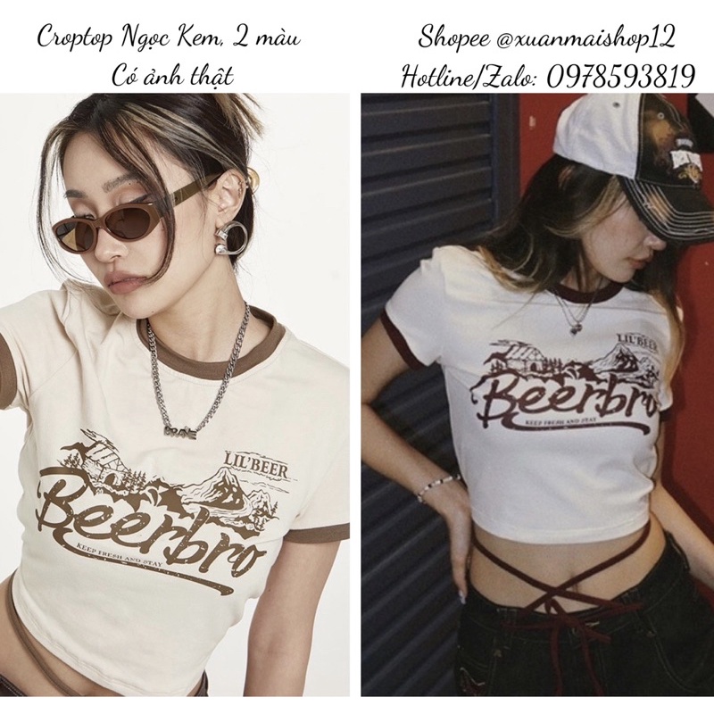 [FREESHIP] Áo croptop nữ tay ngắn cổ tròn viền cột dây giống Ngọc Kem mặc