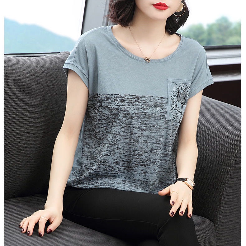 Áo thun tay ngắn dáng rộng in họa tiết thời trang mùa hè cho phụ nữ trung niên