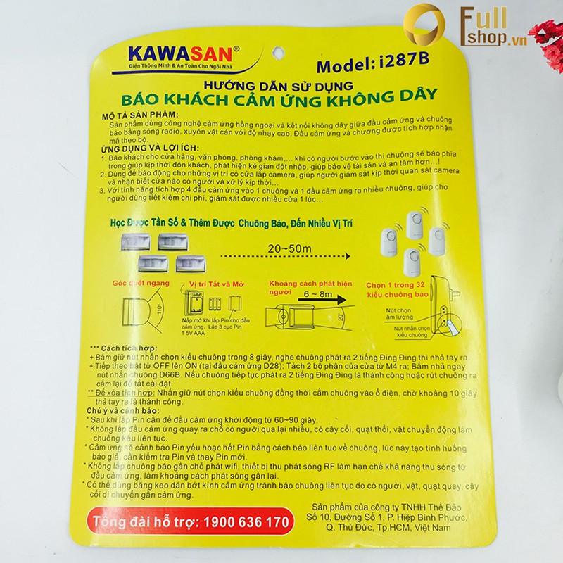 Chuông cảm ứng báo động không dây 1 mắt cảm ứng 2 chuông (2 vị trí) Kawa I287B-B68B