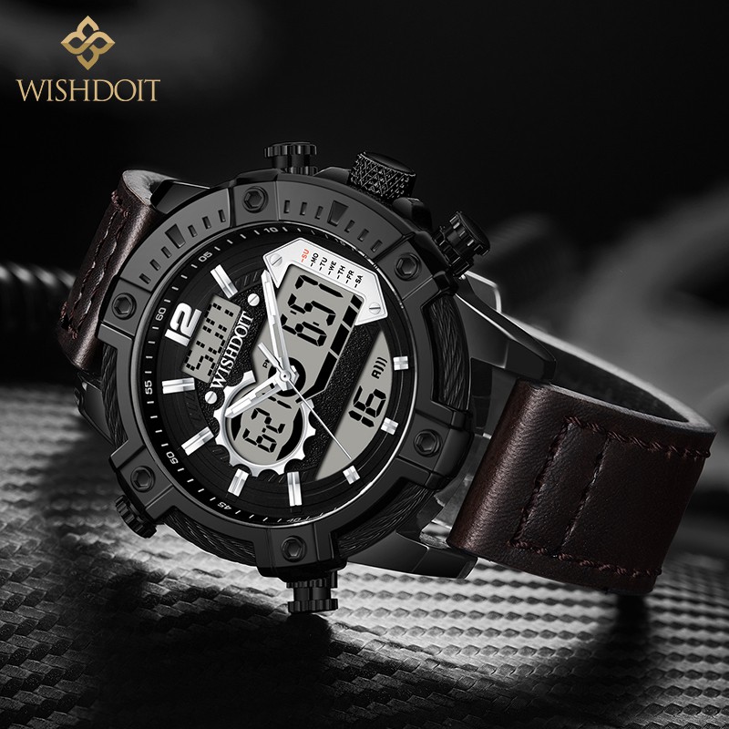 【Official product】WISHDOIT Men's Multifunction  Chronograph Dual display watch Europe and America Tough guy style Industrial style Sport swimming Quartz watches Calendar Luminous function Casual watch Personalized fashion trend watches