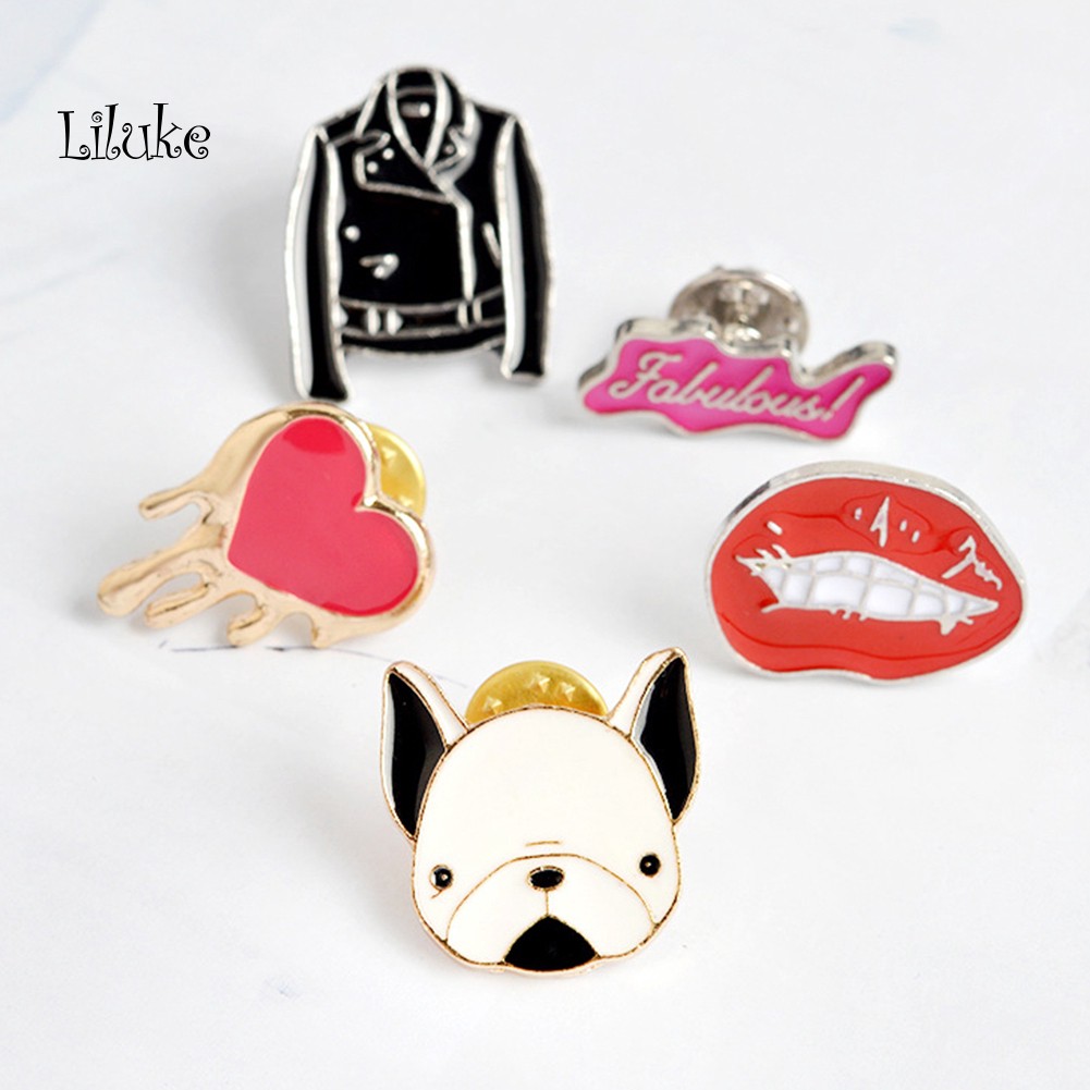 【LK】Unisex Cartoon Bulldog Lips Heart Brooch Pin Badge Clothes Coat Decor