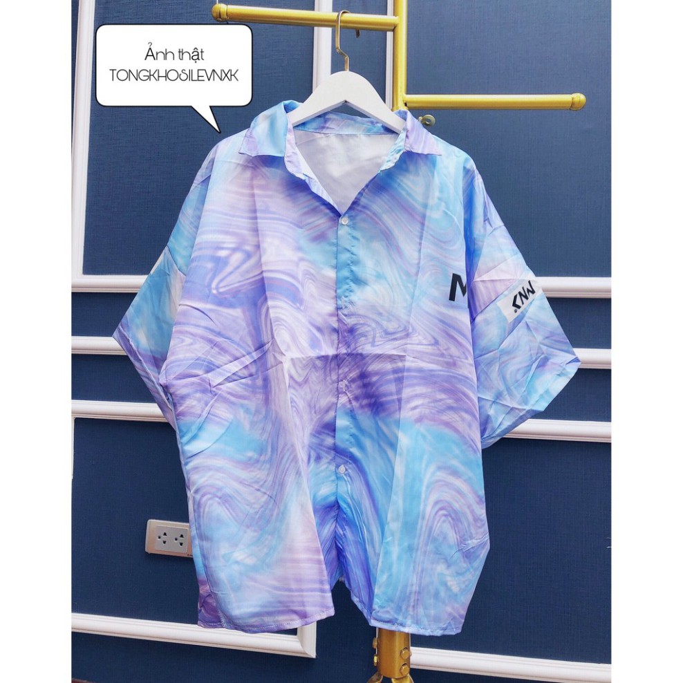 ÁO CỔ BẺ CỘC TAY NAM NỮ LOANG MYN DÁNG SƠ MI phom thụng ulzzang/ Áo sơ mi họa tiết chữ trẻ trung cá tính MÀU XANH HOT