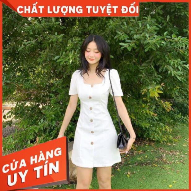 Đầm công sở, Váy đẹp cổ vuông nút gỗ xinh xắn