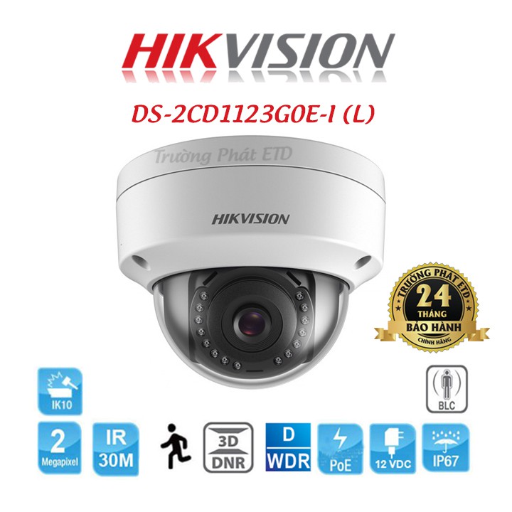 Camera IP Dome Hồng Ngoại 2.0 Megapixel HIKVISION DS-2CD1123G0E-I(L) - Hàng Chính Hãng