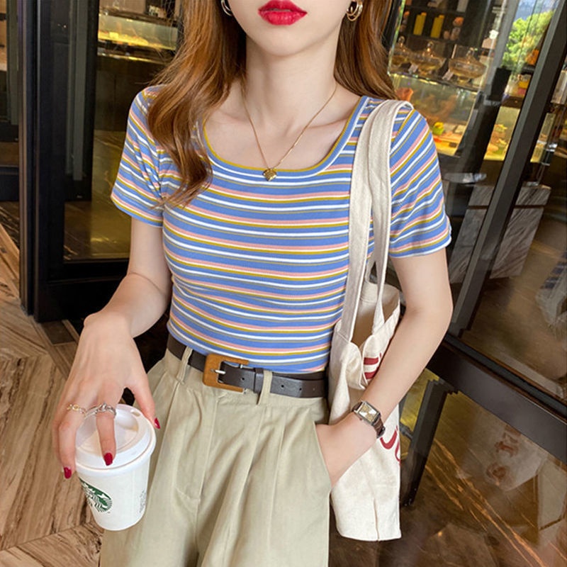 Áo Thun Cotton Cổ Vuông Ngắn Tay Họa Tiết Kẻ Sọc Thời Trang Mùa Hè Hàng Mới Dành Cho Bạn Nữ 2022