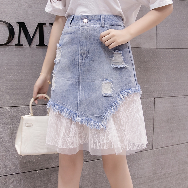 Chân váy jeans lưng cao dạng rách cỡ lớn thời trang cho nữ | BigBuy360 - bigbuy360.vn