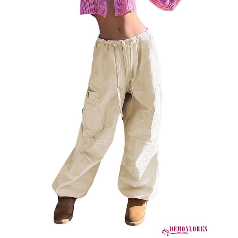 Demonlores Quần Dài Dây Rút Dáng Rộng Vừa Vặn Có Nhiều Túi Màu Trơn Cho Nữ