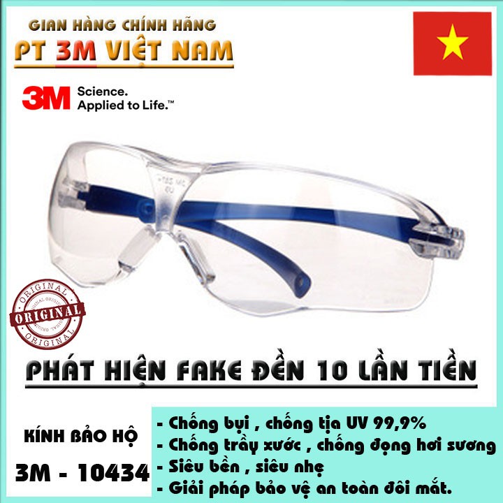 Kính bảo hộ 3M 10434 chống bụi , chống tia uv, chống vật bắn, bảo vệ an toàn đôi mắt