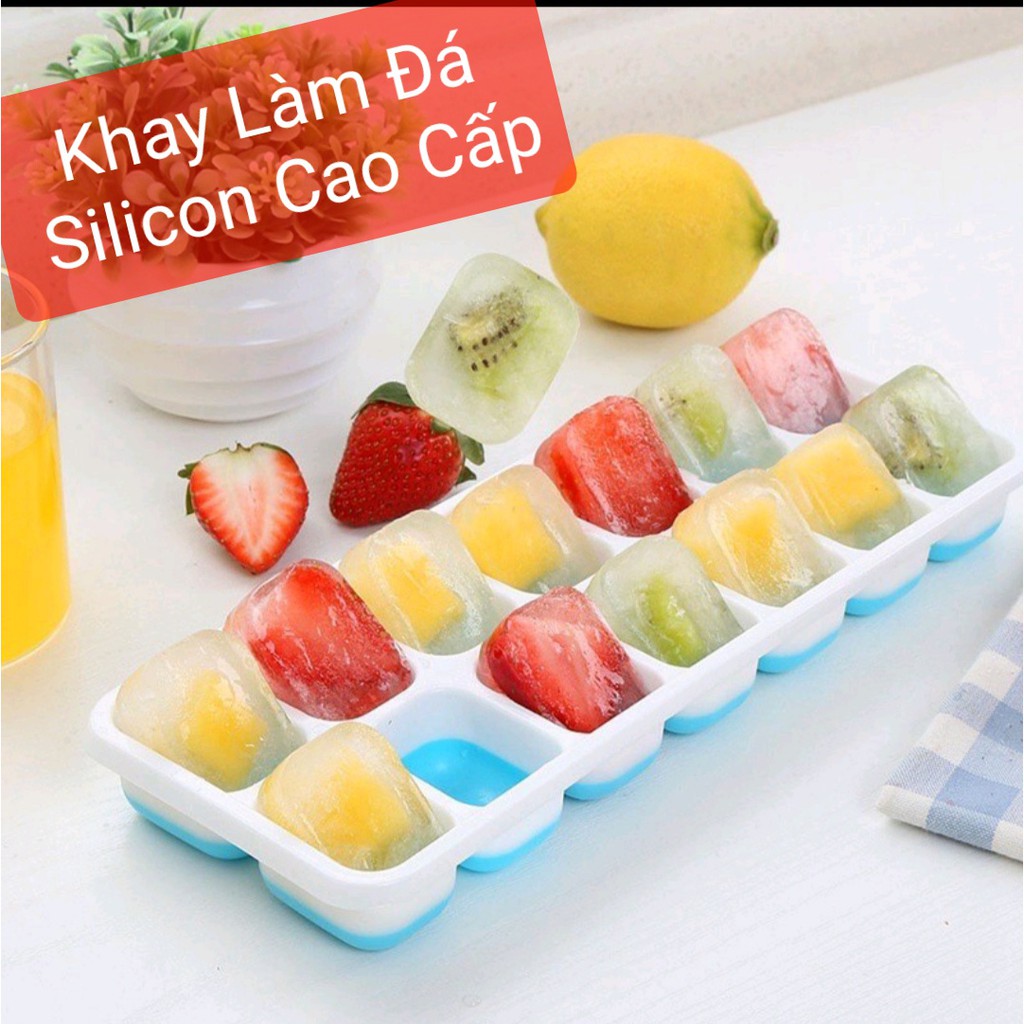 Khay đá silicon (14 ngăn) có nắp đậy an toàn ko dính mùi thực phẩm,làm rau câu,làm kem,khay trữ đông thực phẩm