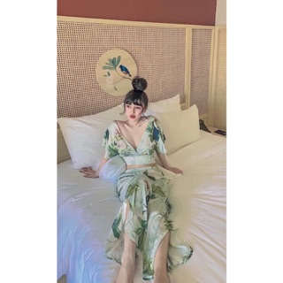 Bộ lụa áo croptop nơ quần dài xẻ cao cấp