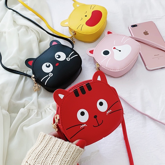 Túi đeo chéo bằng da PU in hình mèo độc đáo cho bé