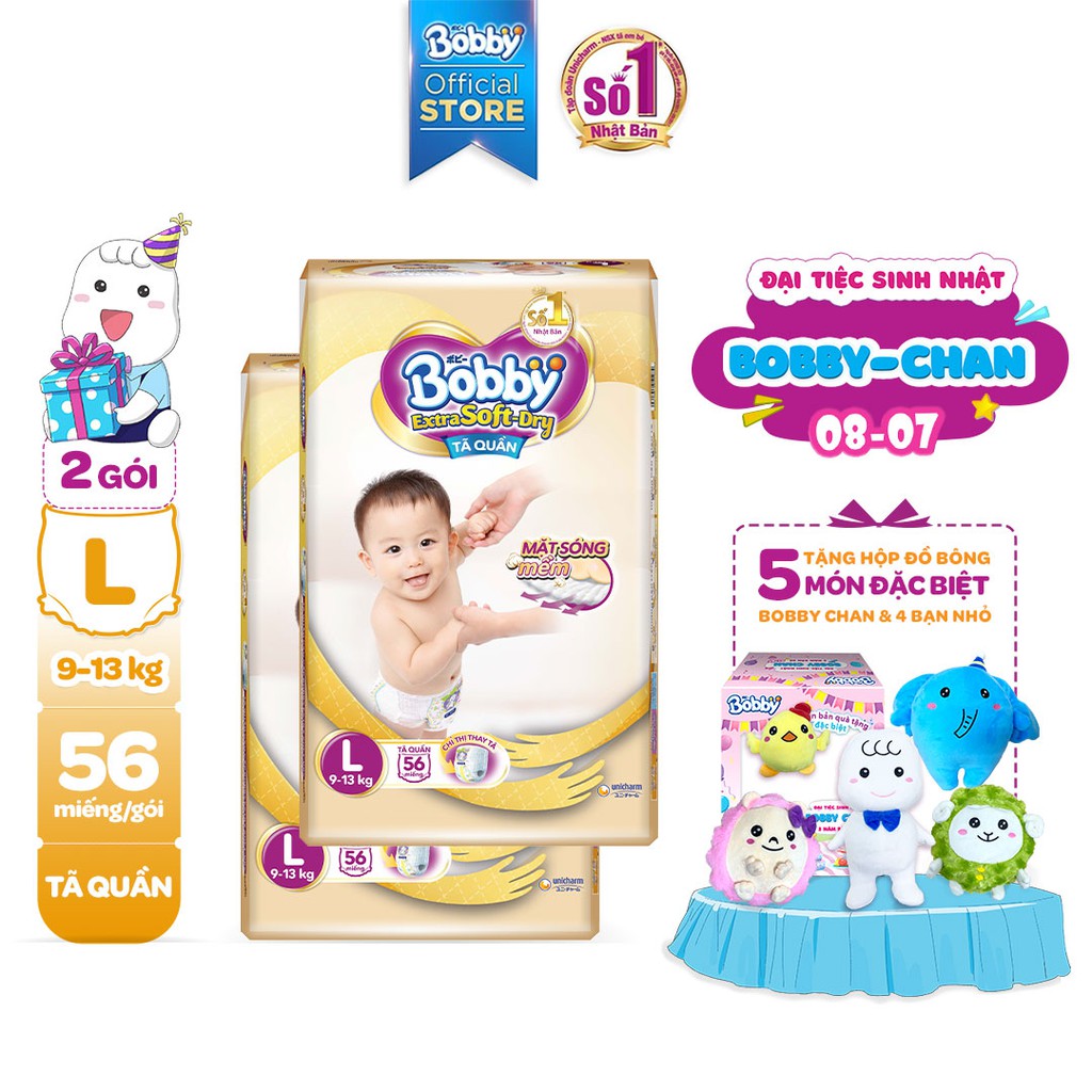 [Tặng Bobby Friend Box] Bộ 2 tã quần Bobby Extra Soft Dry S70/M64/L56/XL50/XXL46