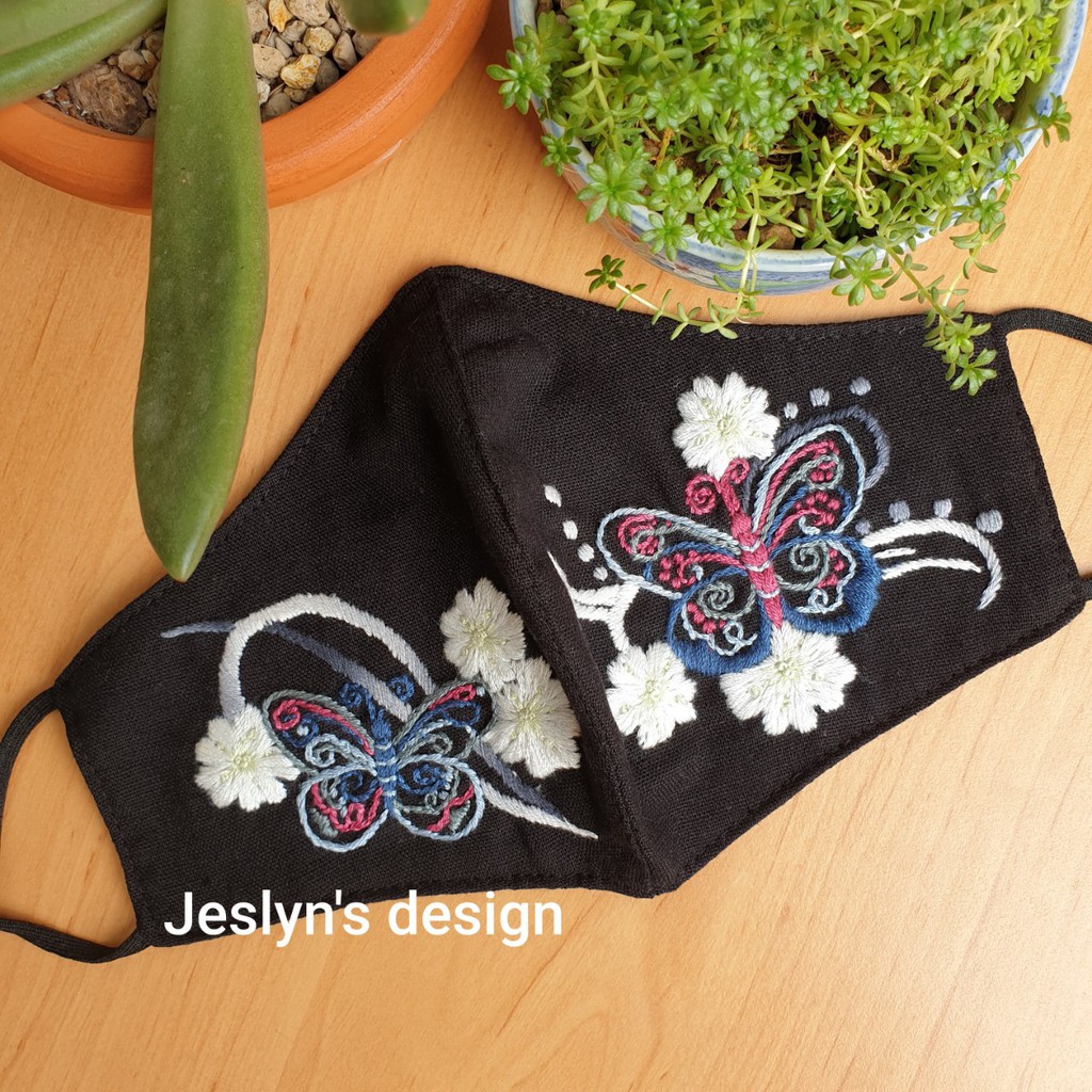 Khẩu trang thêu tay vải linen hình cánh bướm vườn xuân JL248x-Hand embroidered masks