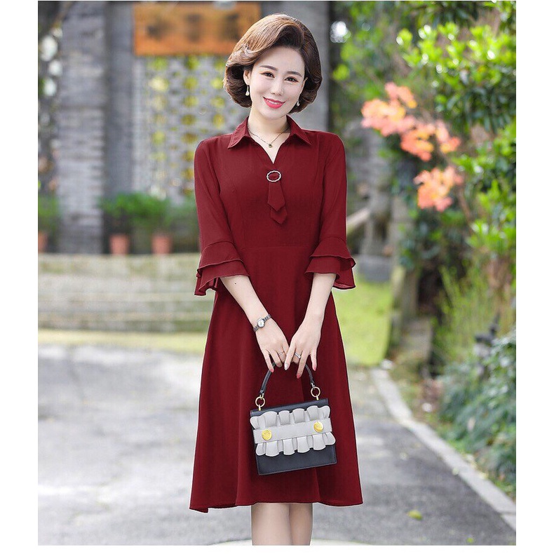 Đầm trung niên sang trọng u40 u50 dự tiệc cho mẹ chất liệu voan cổ sơ mi tay lỡ dáng suông qua gối đẹp thanh lịch