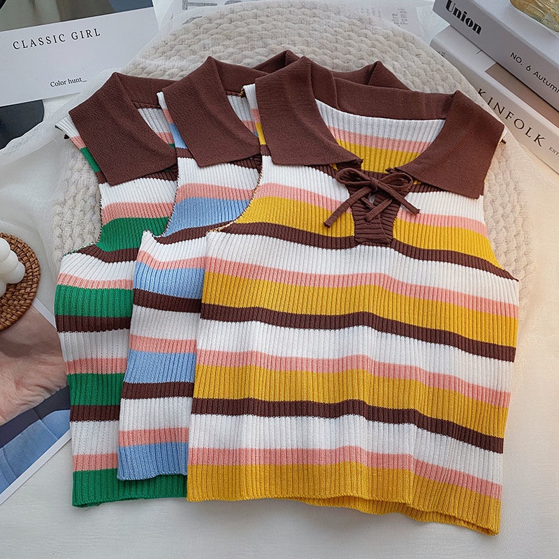 Áo Cổ Polo Họa Tiết Kẻ Sọc Màu Sắc Tương Phản Thời Trang Mùa Hè Cho Nữ