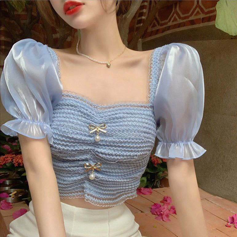 Áo Croptop Cổ Vuông Phối Ren Kiểu Pháp Thời Trang Mùa Hè Cho Nữ