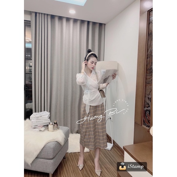 Set áo sơ mi tơ vạt chéo korea mix chân váy kẻ (bán lẻ)
