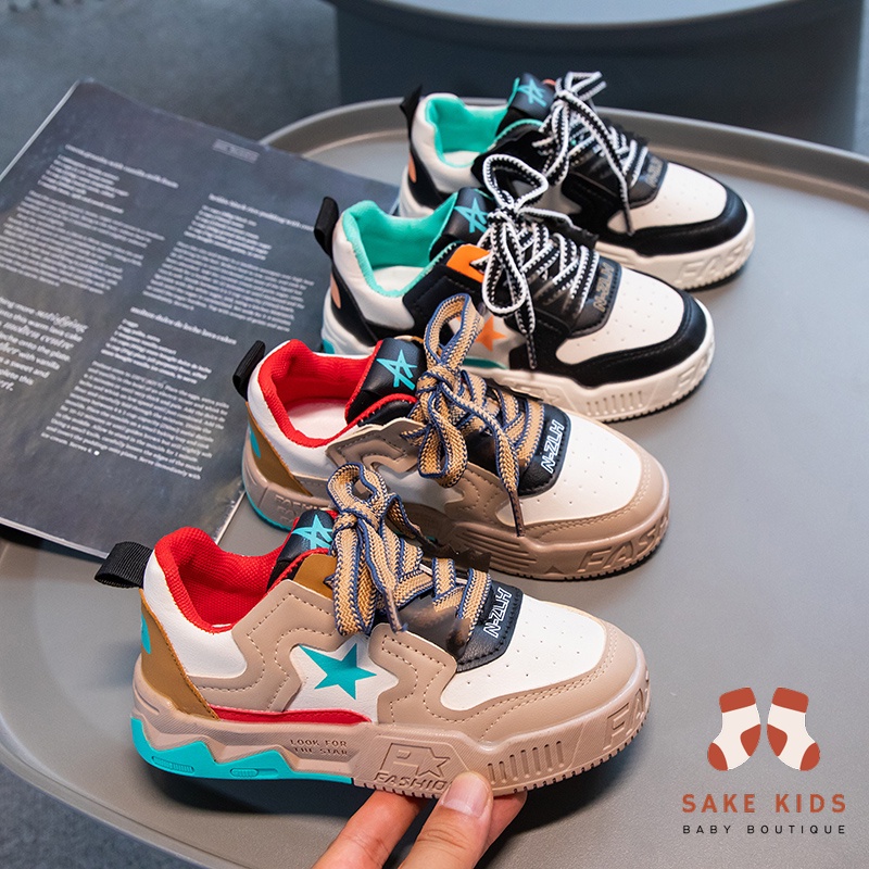 Giày sneakers bé trai bé gái-Giày thể thao dây rút gắn ngôi sao da PU siêu mềm êm chân năng động thoáng khí YNN85