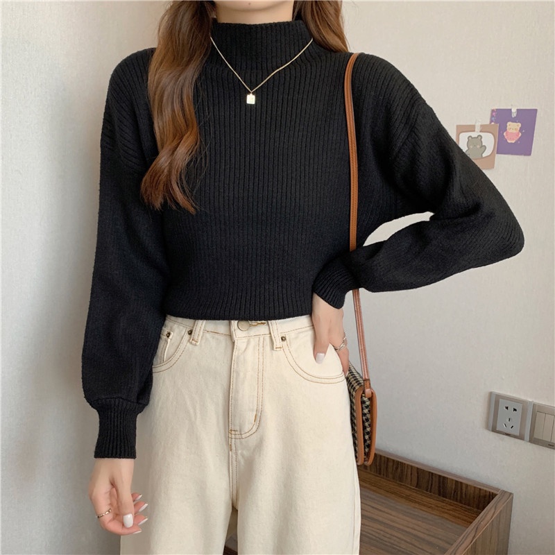 Áo dệt kim tay dài cổ cao giản đơn phong cách Hàn thanh lịch dễ phối đồ