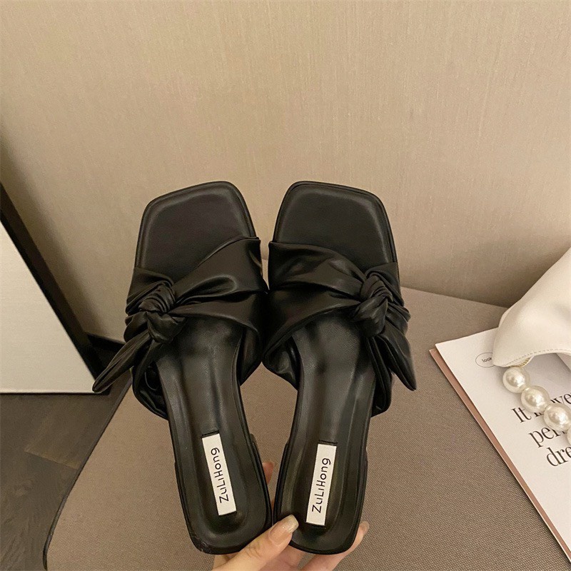 Guốc Nữ Đế Vuông Quai Ngang Nơ Da Mềm Cao Cấp QC Cao 3cm TRINH LÊ SHOP GIÀY DÉP