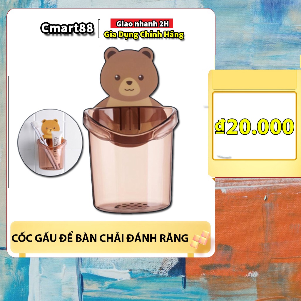 Cốc gấu dán tường để bàn chải đánh răng hình gấu có lỗ Thoát nước tiện lợi, Cốc dán tường đựng đồ nhà tắm siêu xinh