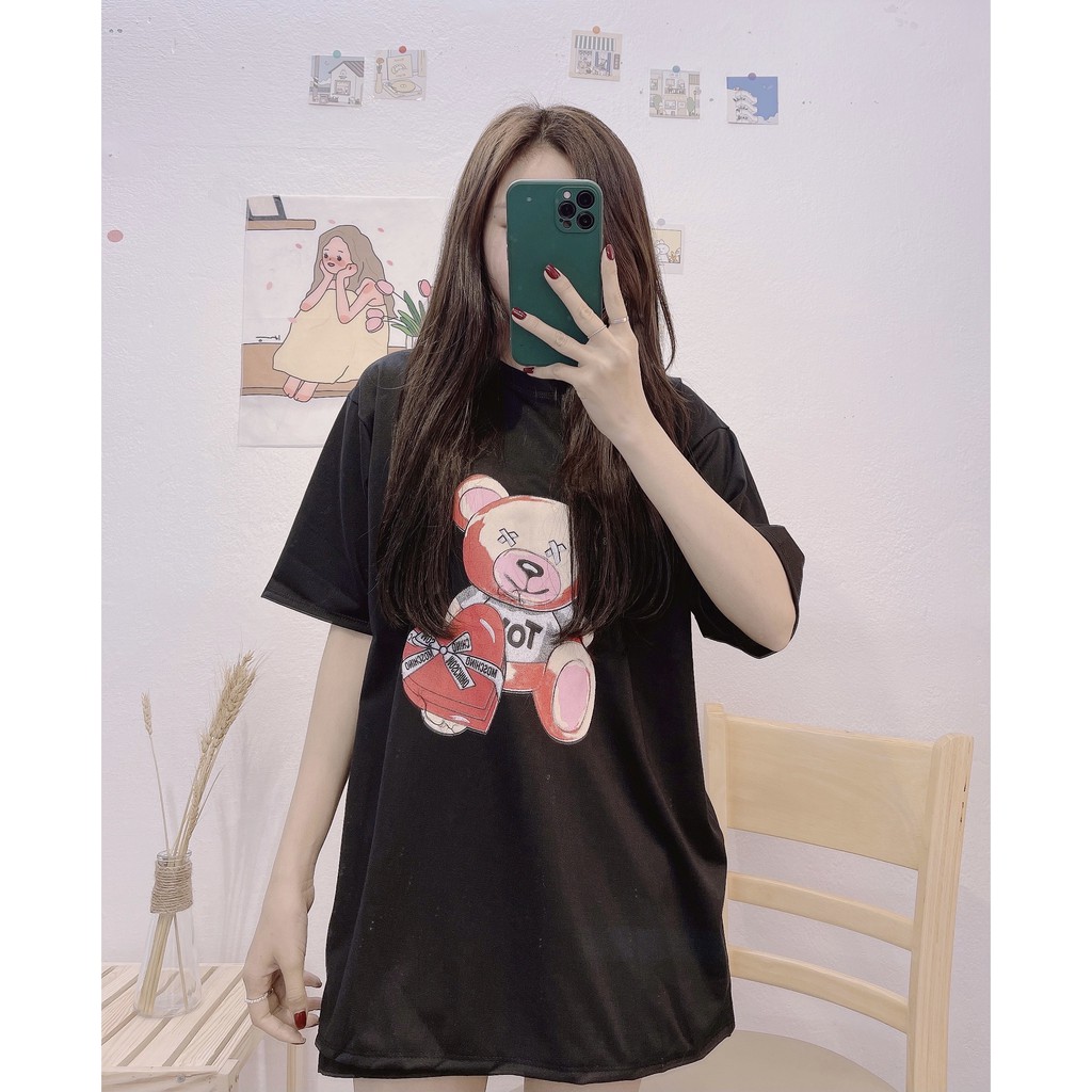Áo Phông Cotton Free Size Dáng Rộng Dấu Quần Mặc Mùa Hè Free Ship Toàn Quốc, Áo Thun Cute Hình Gấu 2 Màu Đen Trắng, MN11