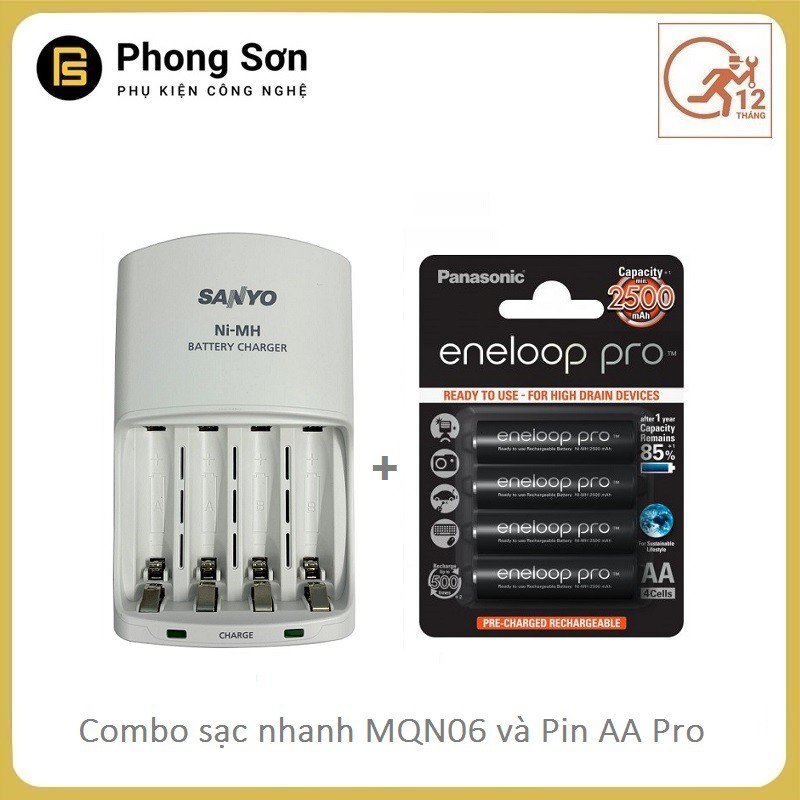 Combo Sạc Pin AA/AAA MQN06 Sanyo ( Sạc Nhanh ) + Pin Sạc AA Vỉ 4 Viên 2500 MAh Eneloop Pro