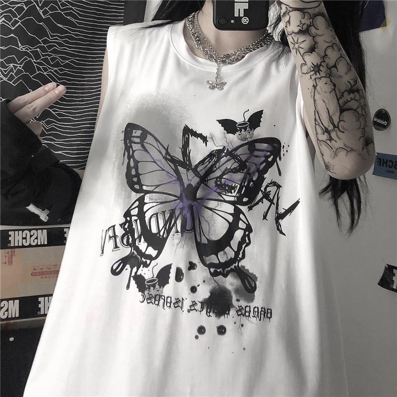 Jiashucheng Áo Thun Sát Nách Dáng Rộng In Hình Bướm Thời Trang Mùa Hè Cho Nữ