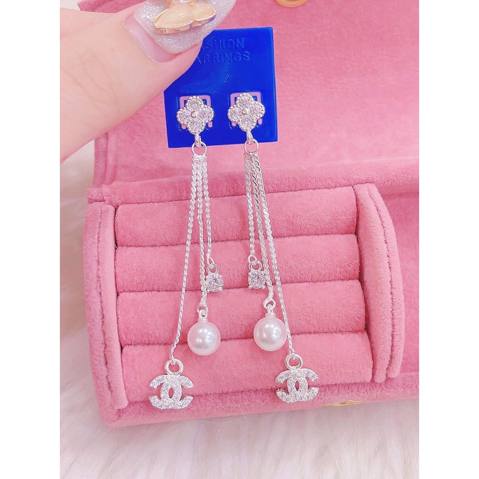 Bông tai bạc chữ C đính hạt trai dáng dài nữ tính - trang sức bạc Evasilver