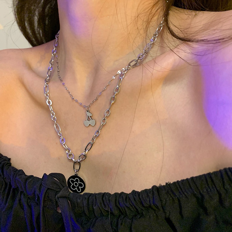 Vòng cổ hai lớp mặt hình hoa và quả anh đào phong cách punk dành cho nữ