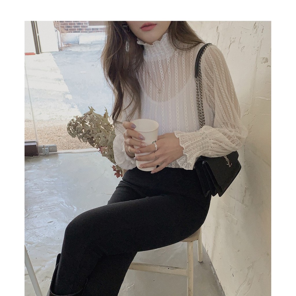 Áo Nữ Cổ Cao Tay Dài Phối Ren Phong Cách Hàn Quốc 40669