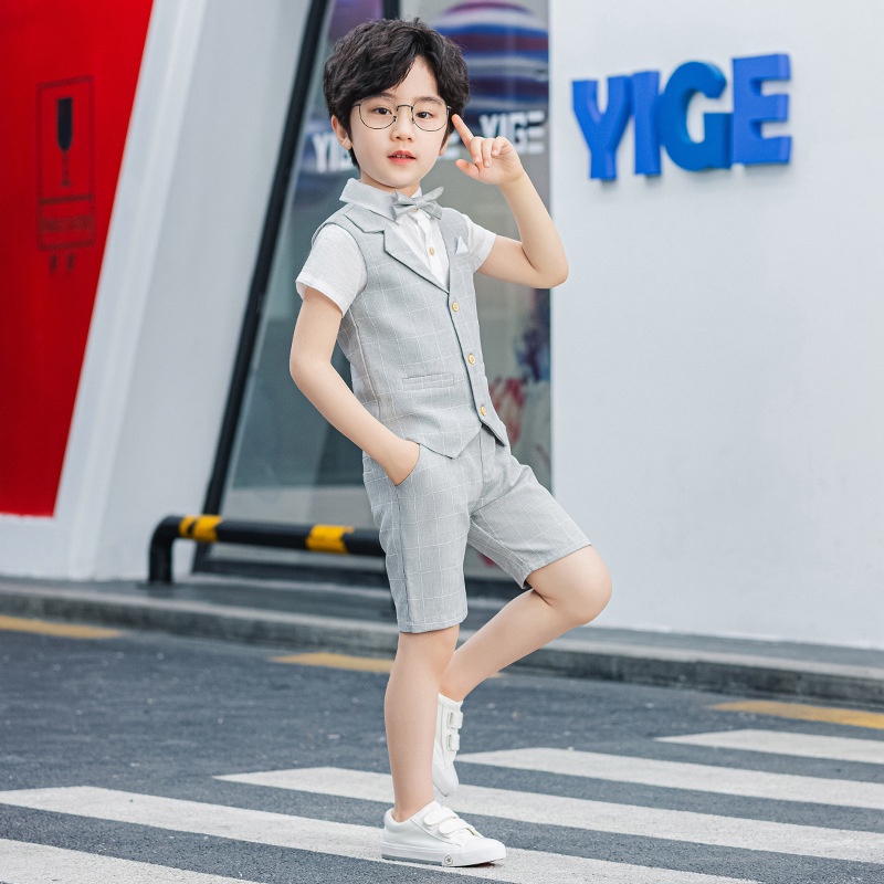 Bộ Trang Phục Biểu Diễn Vải Cotton Kẻ Sọc Ca Rô Màu Đỏ/Xám/Xanh Dương Cho Bé Trai