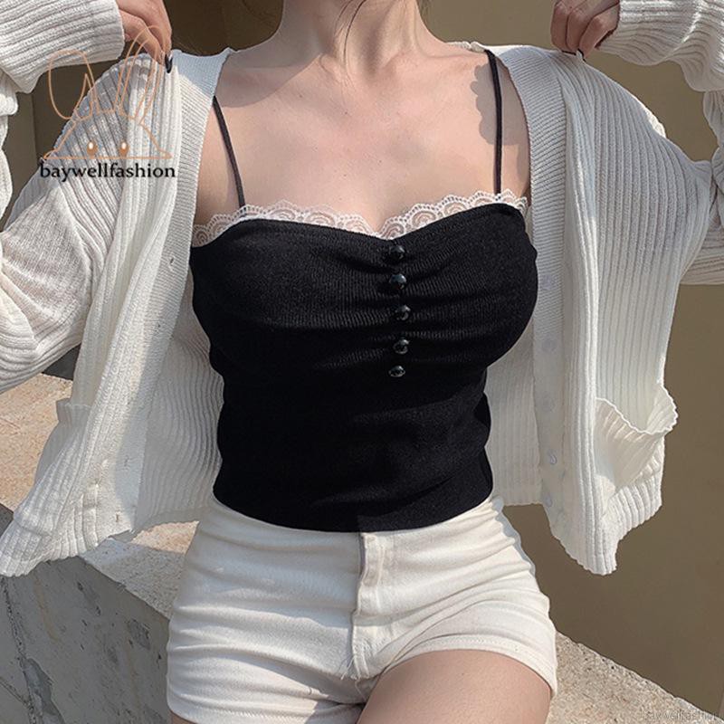 Áo Croptop Dệt Kim Phối Ren Hoa Thiết Kế Màu Trơn Thanh Lịch | BigBuy360 - bigbuy360.vn