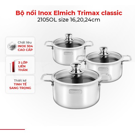 Bộ nồi Inox 3 lớp đáy liền Elmich Trimax classic 2105OL size 16,20,24cm
