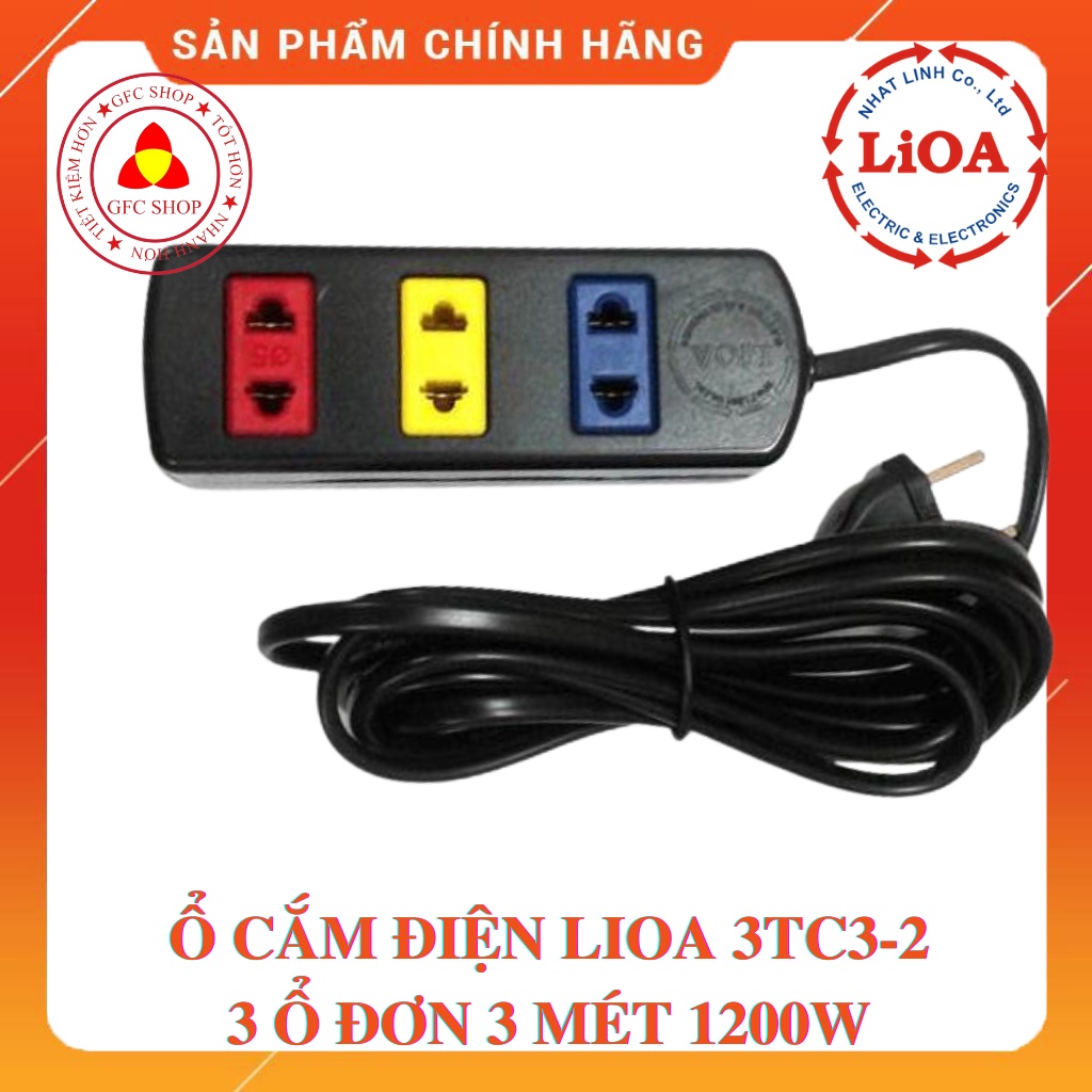 Ô cắm Lioa 3 ổ 3TC3-2 dây 3m Công suất 1200W màu đen