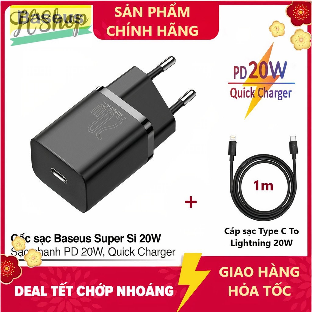 PD 20W - Củ Cáp Sạc Nhanh Baseus Cổng USB C Sang Lighting 20W / Cốc Sạc Nhanh Baseus 20W Cho IP táo 12 Hàng chính hãng