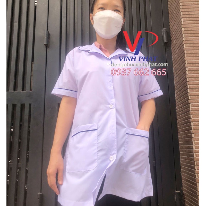 Áo Blouse Trắng Có Viền Xanh Nữ Bo Tròn Cổ - Áo Blu Trắng Điều Dưỡng, Y Tá, Dược Sỹ, Y Sỹ, Thẩm Mỹ Viện, Spa Nhà Thuốc