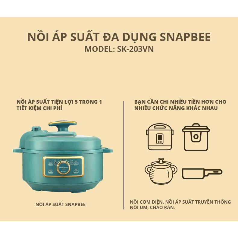 Nồi Áp Suất Đa Dụng SnapBee SK-203VN (3.0L) hầm hấp chiên xào nấu cháo 3L màu xanh - Hàng Chính Hãng