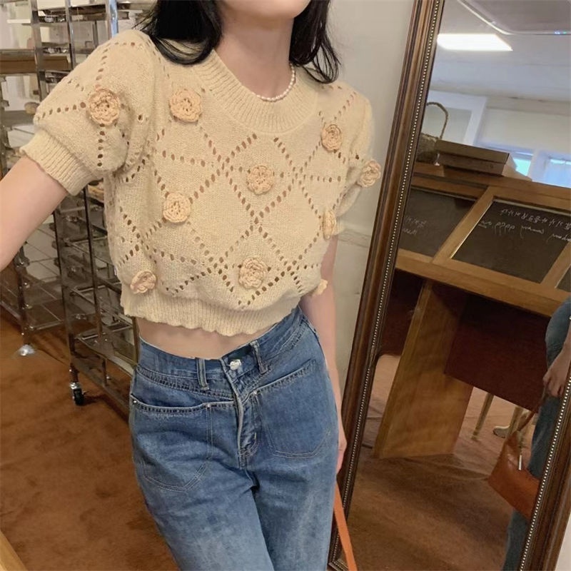 Áo Sweater Dệt Kim Tay Ngắn Cổ Tròn Thiết Kế Lỗ Lưới Thêu Họa Tiết Thời Trang Mùa Hè Mới Cho Nữ