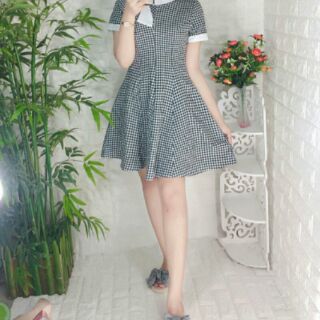 đầm caro nơ cổ