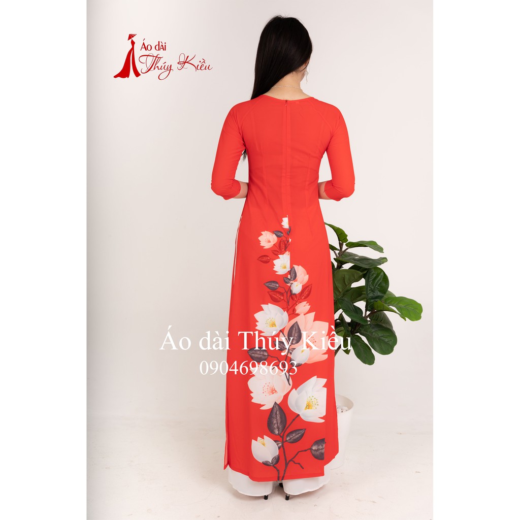 Áo dài Thúy Kiều in 3D lụa Nhật đỏ hoa sen trắng K34 ADTK