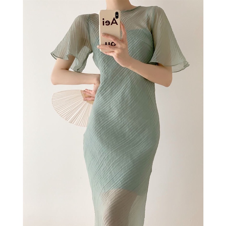 Đầm, váy nữ dáng dài 2 lớp tay ngắn xếp ly màu xanh bạc hà thời trang mùa hè mới nhất VDA1