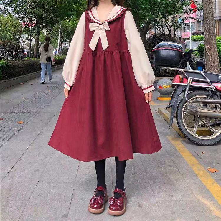 Đầm nữ tay dài cổ thủy thủ phong cách Nhật Bản mới