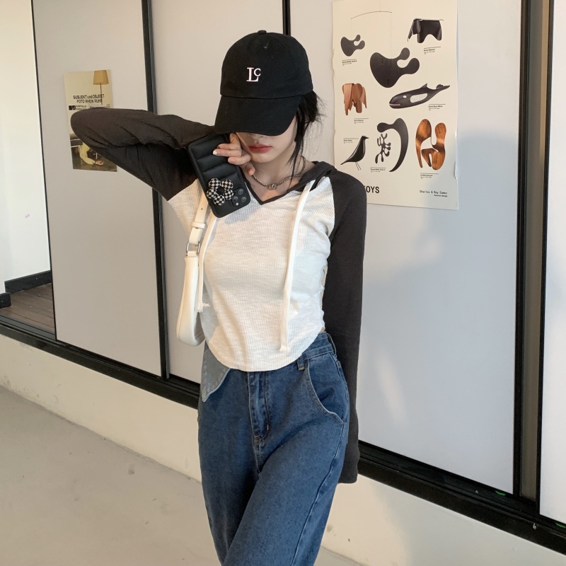 Áo Thun Tay Dài Có Mũ Phối Màu Tương Phản Thời Trang Mùa Hè Dễ Phối Đồ Cho Nữ