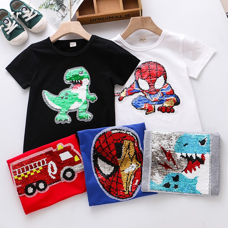 Áo Thun Cotton Kim Tuyến Thay Đổi Màu Sắc In Hình Spiderman Captain America Khủng Long Cho Bé Trai