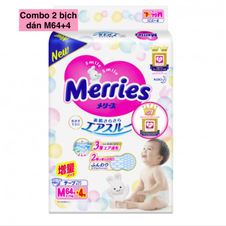 [Cộng miếng] Combo 2 bịch bỉm/Tã dán Merries size M64+4 NỘI ĐỊA NHẬT