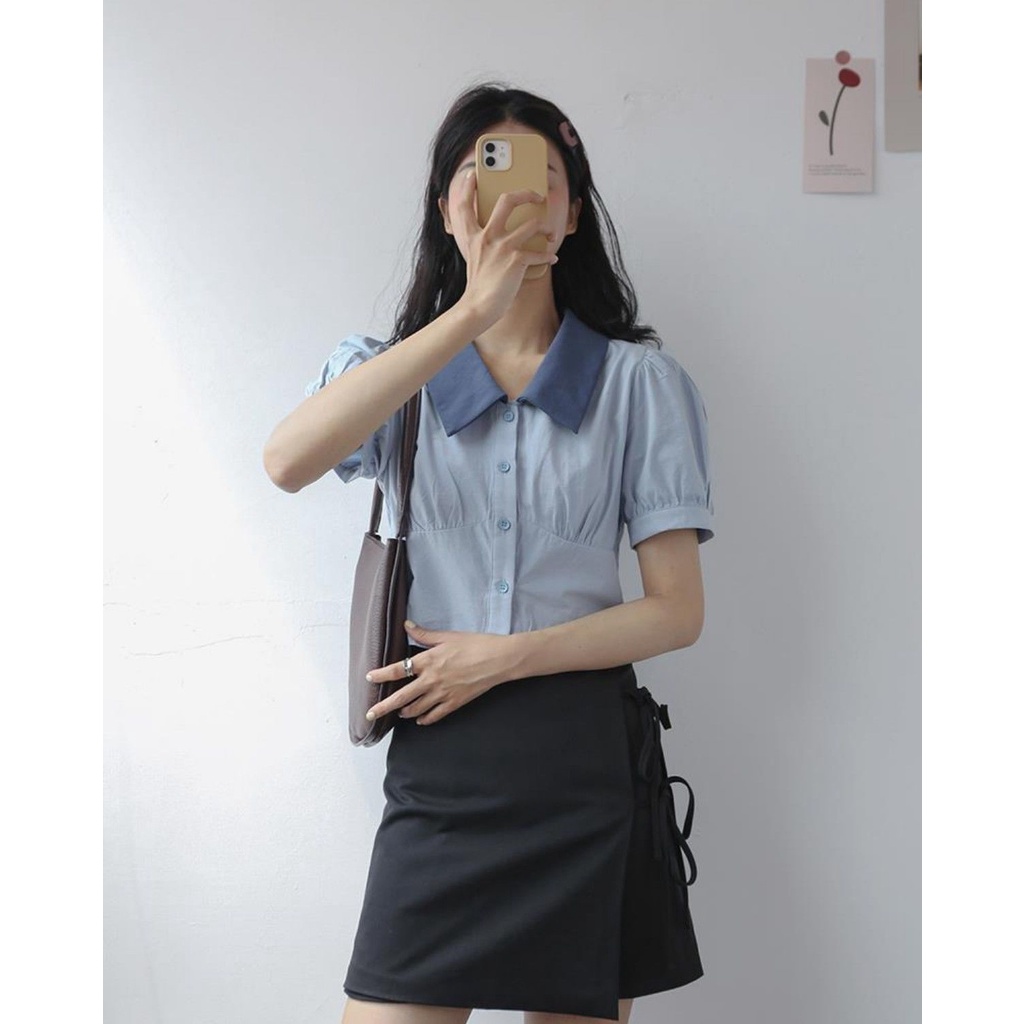 Áo lửng cotton tay ngắn phong cách Pháp cổ điển thời trang dành cho nữ