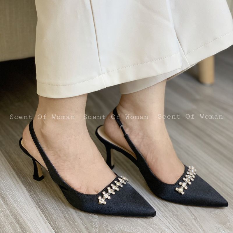 Giày cao gót mũi nhọn đính đá dáng hở gót thanh lịch thời trang gót nhọn cao 7cm