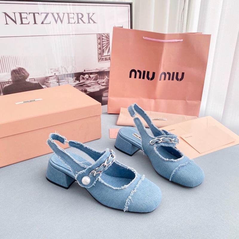 Giày nữ gót cao 4cm/7cm quai đính ngọc tr mẫu mới 2022 thương hiệu MiuMiu cao cấp